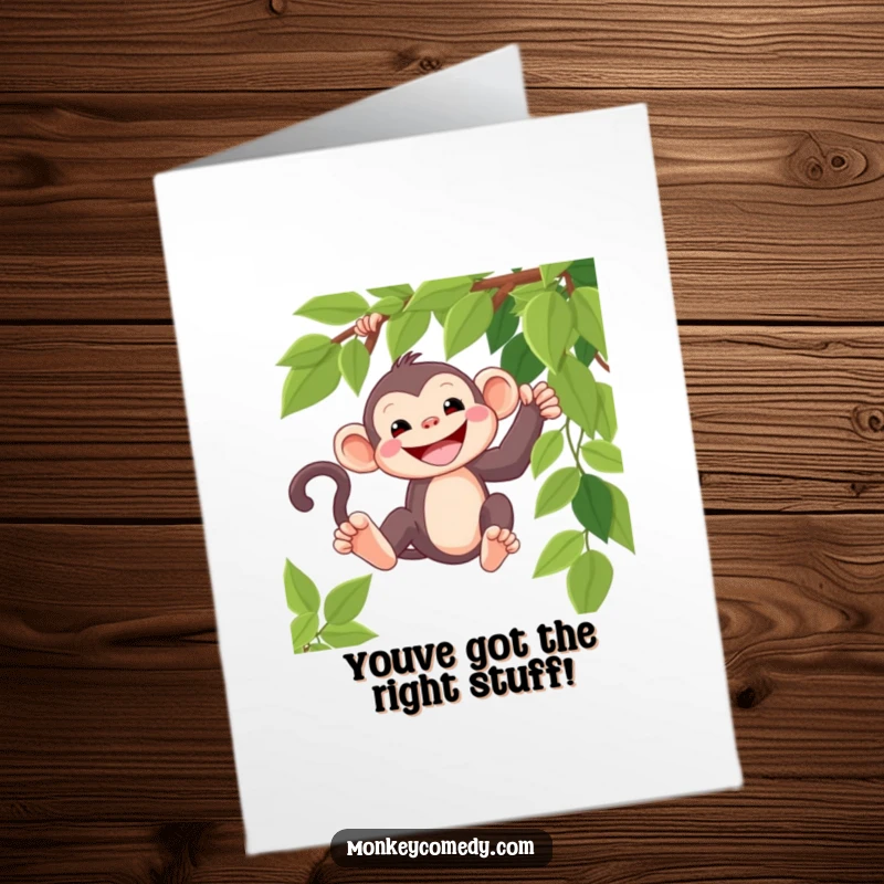 Funny Free Printable Congratulations Card: a kawaii monkey with a huge grin, swinging joyfully on a vine.