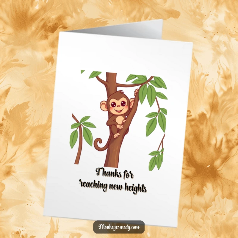 Funny Free Printable Thank You Card: Monkey resolutely climbing a thin tree, representing the climb to success thanks to your support, a heartfelt greeting.