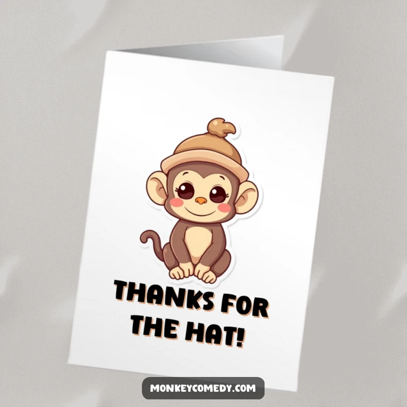 Funny Free Printable Kawaii Monkey Thank You Card: A monkey wears a tiny, crooked hat while saying thank you.