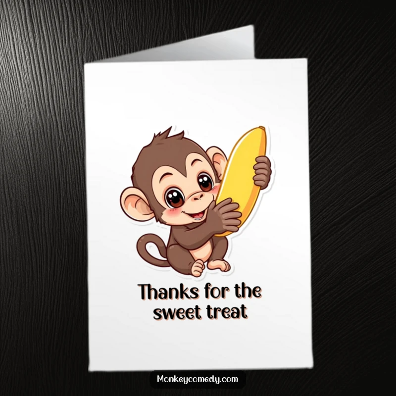 Funny Free Printable Thank You Card featuring a curious monkey reaching for a banana, a delightful DIY gift.