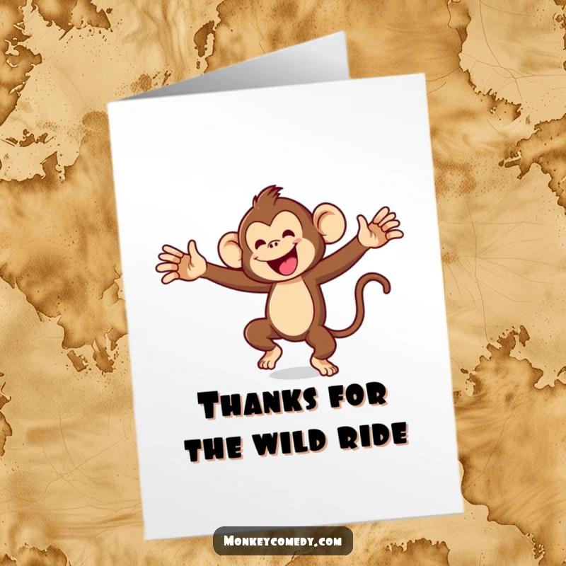 Funny Free Printable Thank You Card: A monkey dancing crazily with arms flailing, expressing thanks in a hilariously energetic manner.
