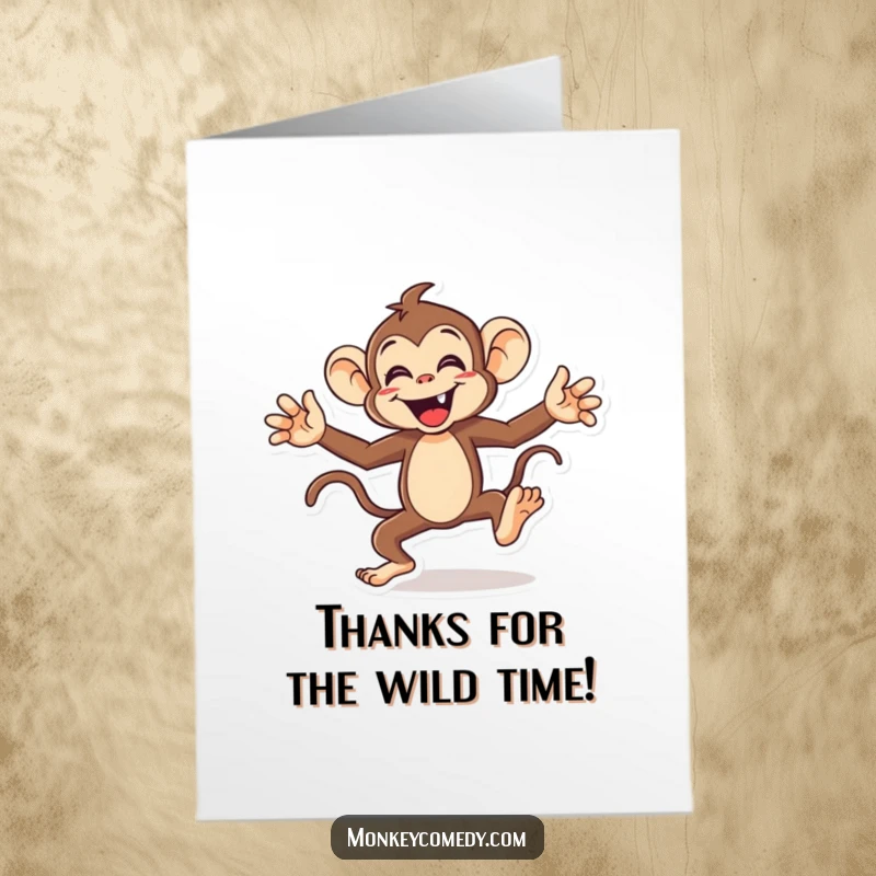 Funny Free Printable Thank You Card: An energetic monkey doing a comical dance with arms and legs moving wildly.