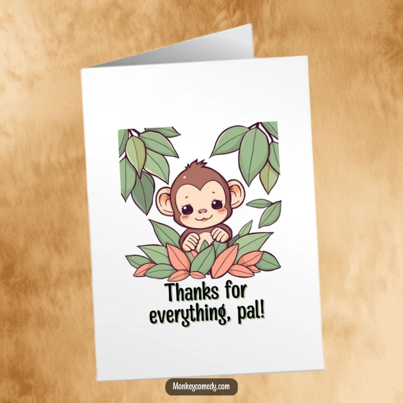 Funny Free Printable Thank You Card: A cute Kawaii monkey hiding amongst leaves, playfully peeking out to say thanks.