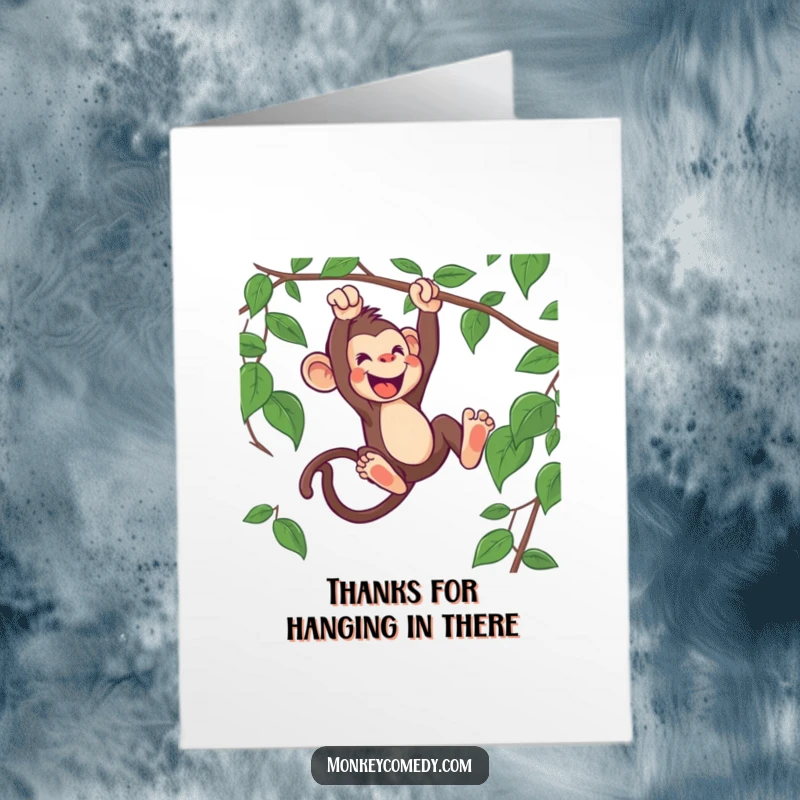 Funny free printable thank you card showing a lively monkey swinging from a vine, conveying thanks with jungle flair.
