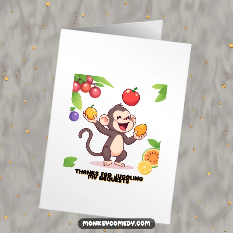 Funny Free Printable Thank You Card: Monkey juggling fruits with skill, expressing thanks creatively. Downloadable, print at home.