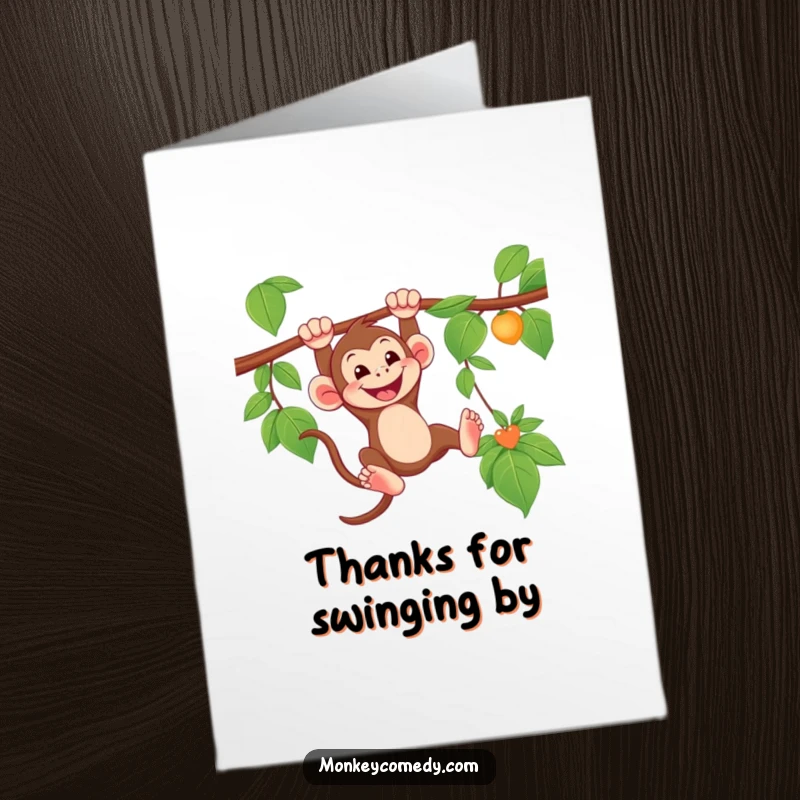 Free Printable Thank You Card: Monkey with a big grin swings from a vine, sending thanks with enthusiasm.