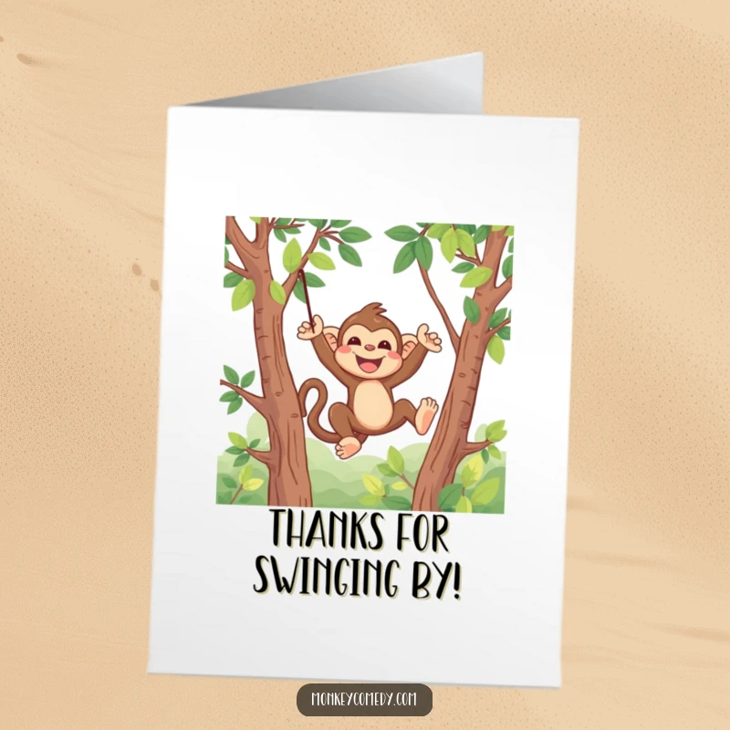 Funny Free Printable Thank You Card: A kawaii monkey captured mid-swing with pure delight, ideal for a whimsical DIY thank you.
