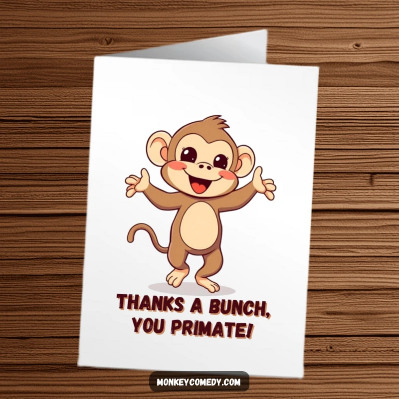 Funny Free Printable Thank You Card: A joyful kawaii monkey is captured mid-silly dance, tail in the air.