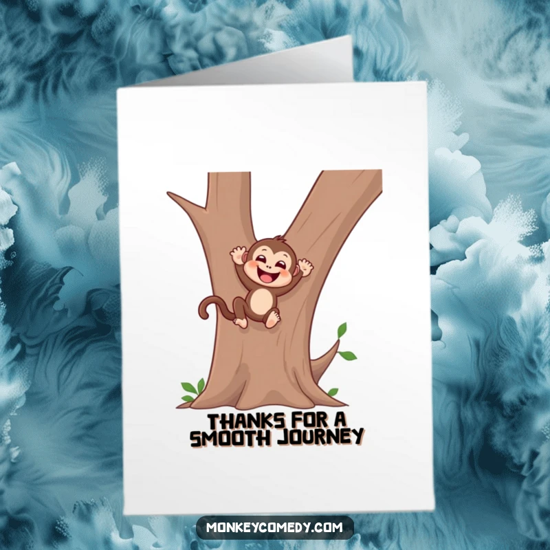 Funny free printable thank you card of a gleeful monkey sliding down a tree, conveying thanks with playful spirit.