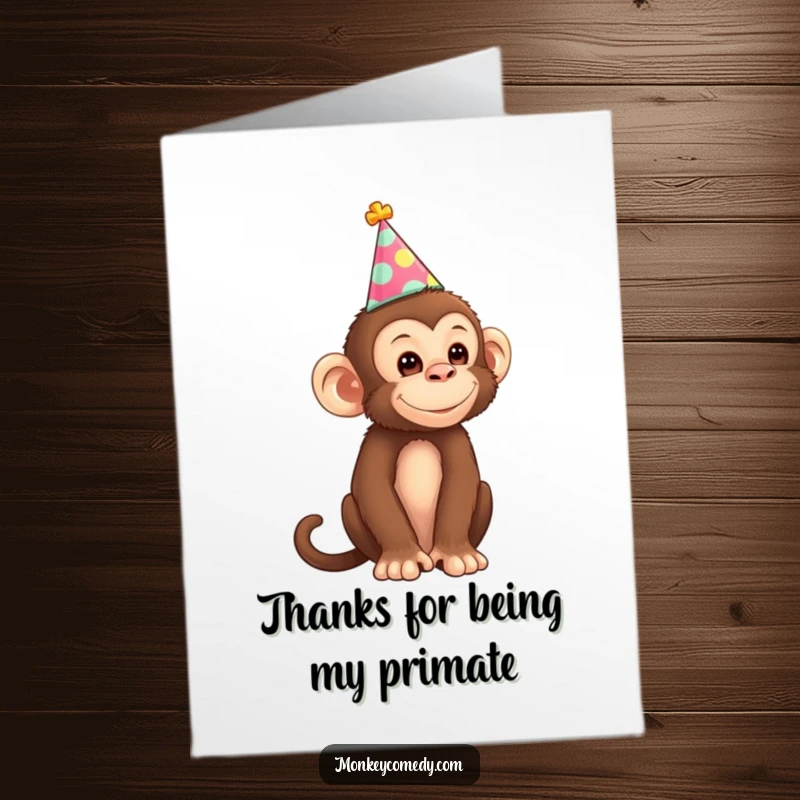 Funny free printable thank you card featuring a monkey in a festive party hat, expressing thanks with a mischievous grin.