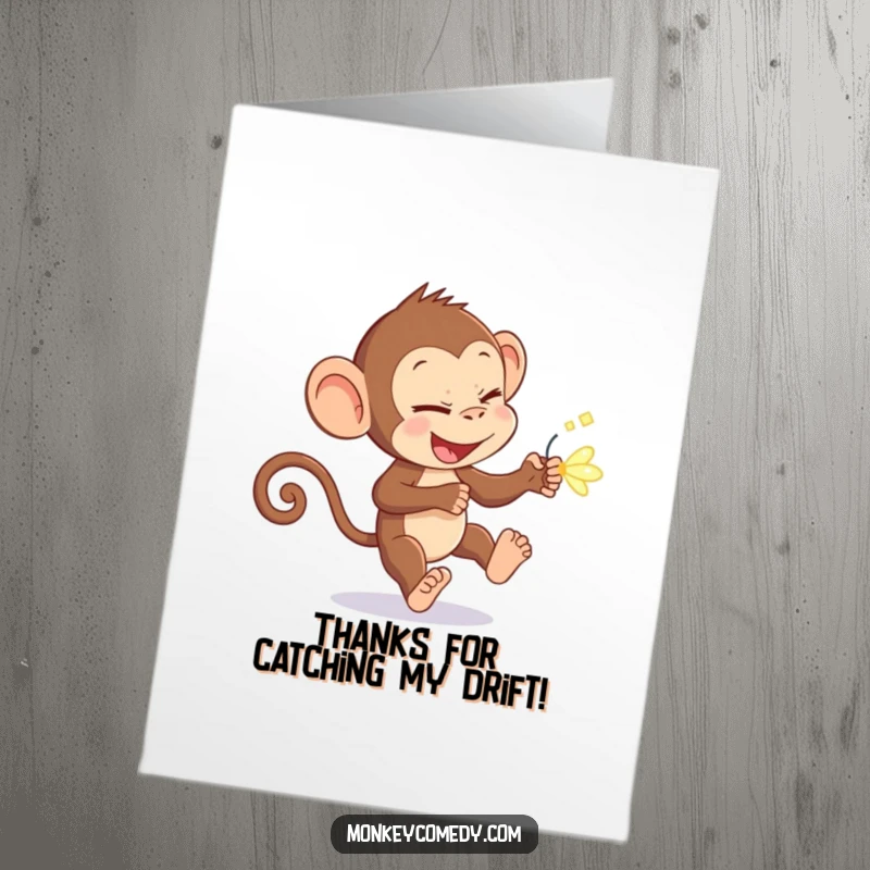 Funny Free Printable Thank You Card: A sly monkey stalks a twinkling firefly. A humorous, downloadable way to say thanks.