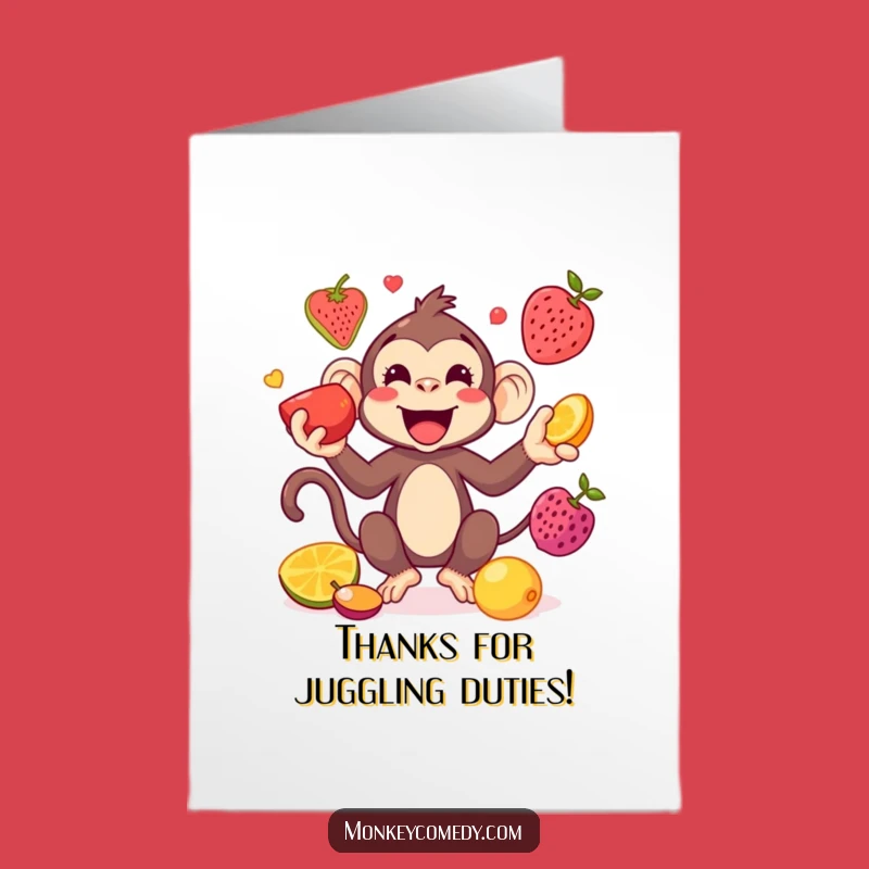 Free Printable Monkey Thank You Card: Juggling Fruits Kawaii Fun Downloadable Gift