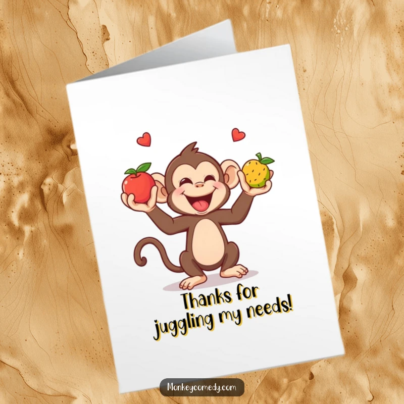 Funny Free Printable Thank You Card: Giggling monkey juggling colorful fruits, a fun and whimsical way to say thank you.