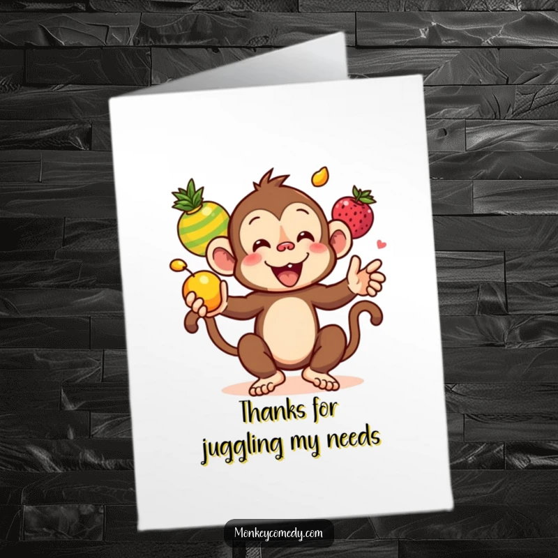 Funny Free Printable Thank You Card: A cute kawaii monkey juggles colorful fruits, showing heartfelt appreciation.