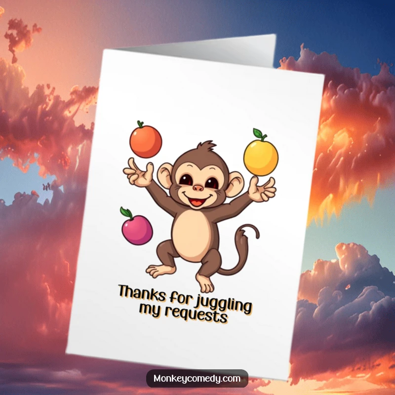 Funny free printable thank you card showing a monkey adeptly juggling three vibrant fruits, a cheerful symbol of appreciation.