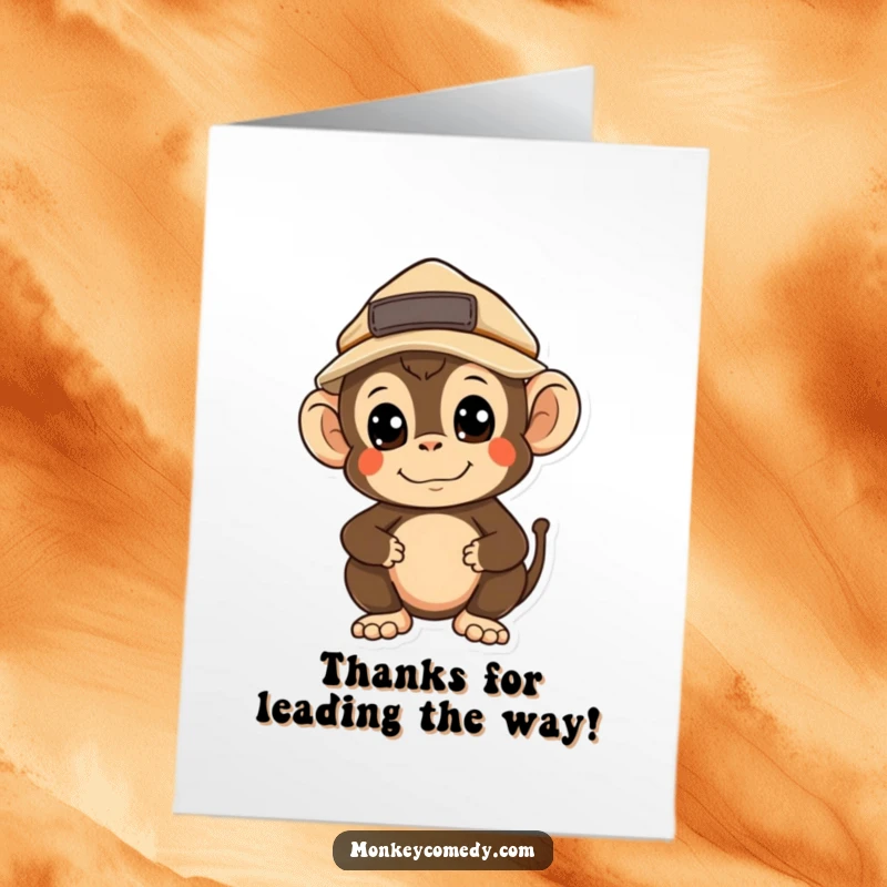 Funny Free Printable Thank You Card: A kawaii monkey explorer hat on, looking around with a curious expression to say thanks.