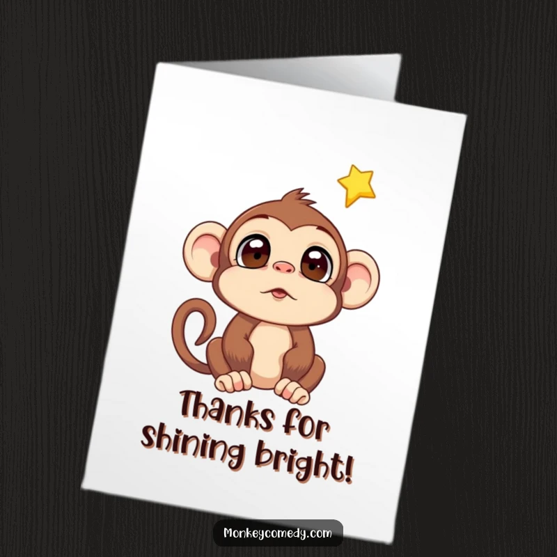 Funny Free Printable Thank You Card: A monkey with stunned eyes watches a luminous star fall from the dark, starry heavens.
