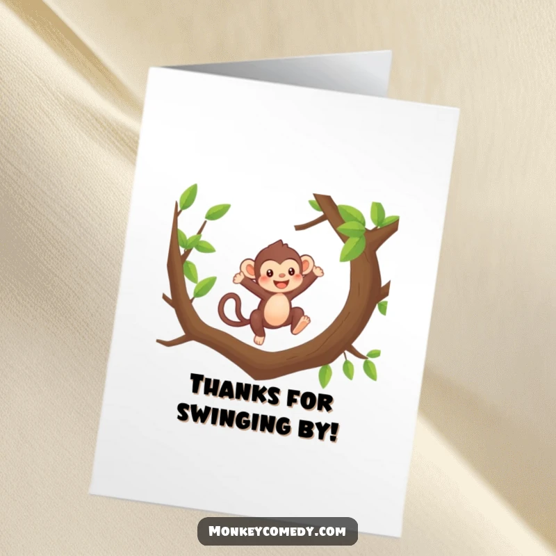 Funny Free Printable Kawaii Monkey Thank You Card: A happy monkey leaps through trees, saying thank you.