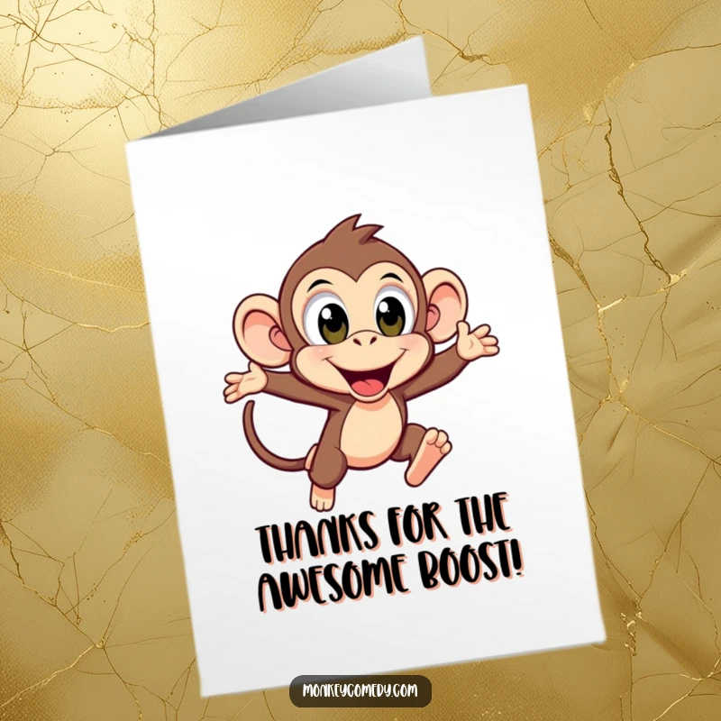 Funny Free Printable Thank You Card: A kawaii monkey with big, excited eyes, leaping forward energetically to show gratitude.
