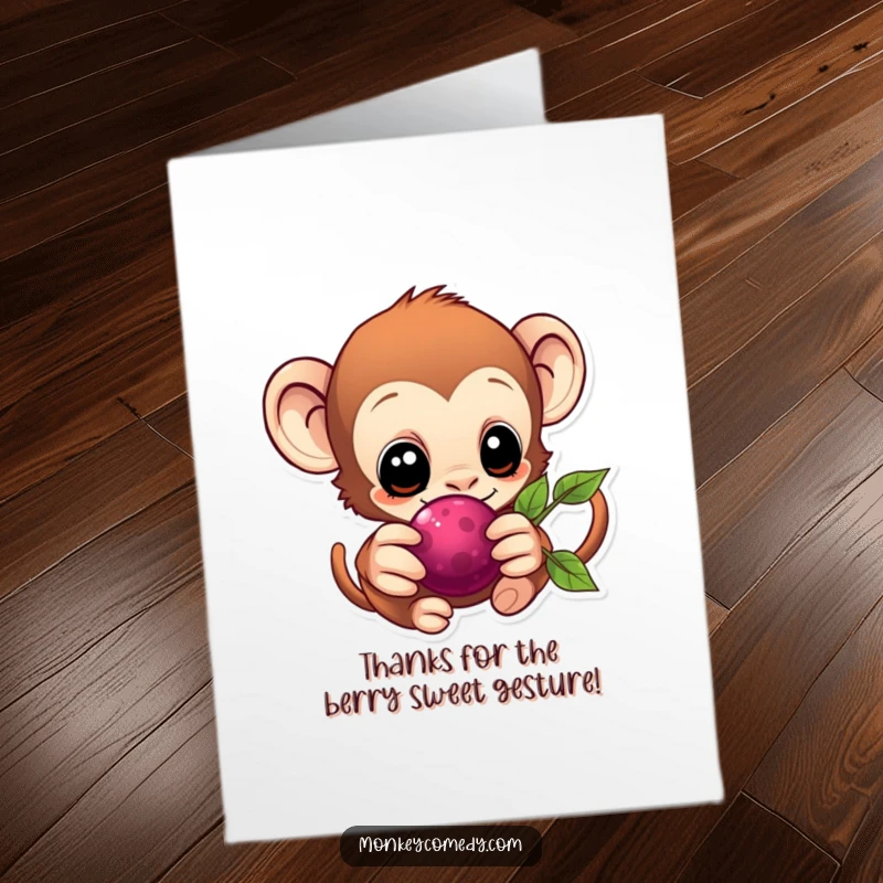 Grateful Free Printable Monkey Thank You Card: A kawaii monkey with wide eyes reaching for a berry, expressing sincere thanks.