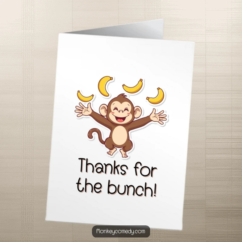 Funny Free Printable Thank You Card: A playful monkey with arms outstretched, skillfully juggling several ripe bananas.