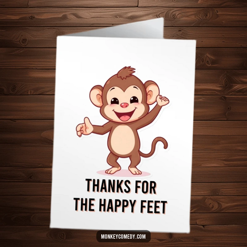 Funny Free Printable Thank You Card: A happy monkey with a cheerful grin is doing a joyful little dance of thanks.