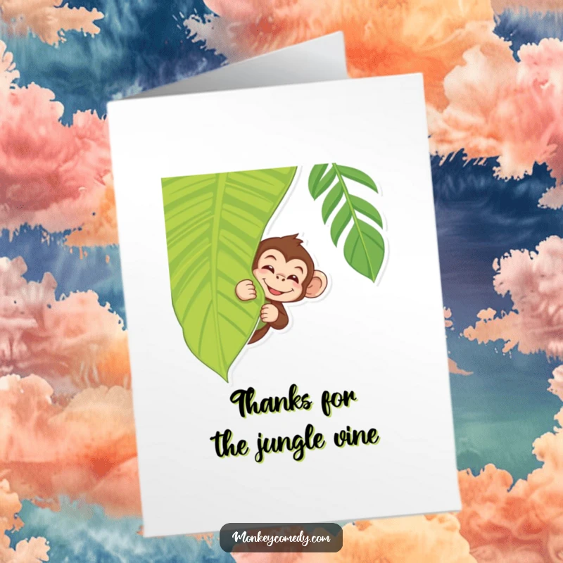 Funny Free Printable Thank You Card: Monkey peeking from a tropical leaf, winking slyly, conveying jungle thanks, downloadable.