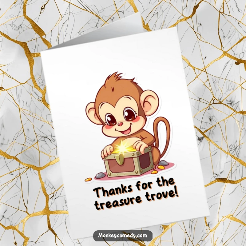 Funny free printable thank you card: delighted monkey looking at a discovered treasure chest filled with sparkling gems.