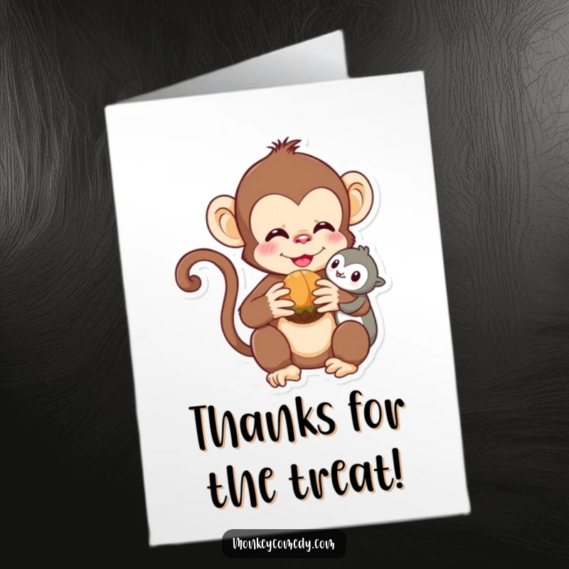 Funny Free Printable Kawaii Monkey Thank You Card: A monkey happily shares a nut, expressing thanks.