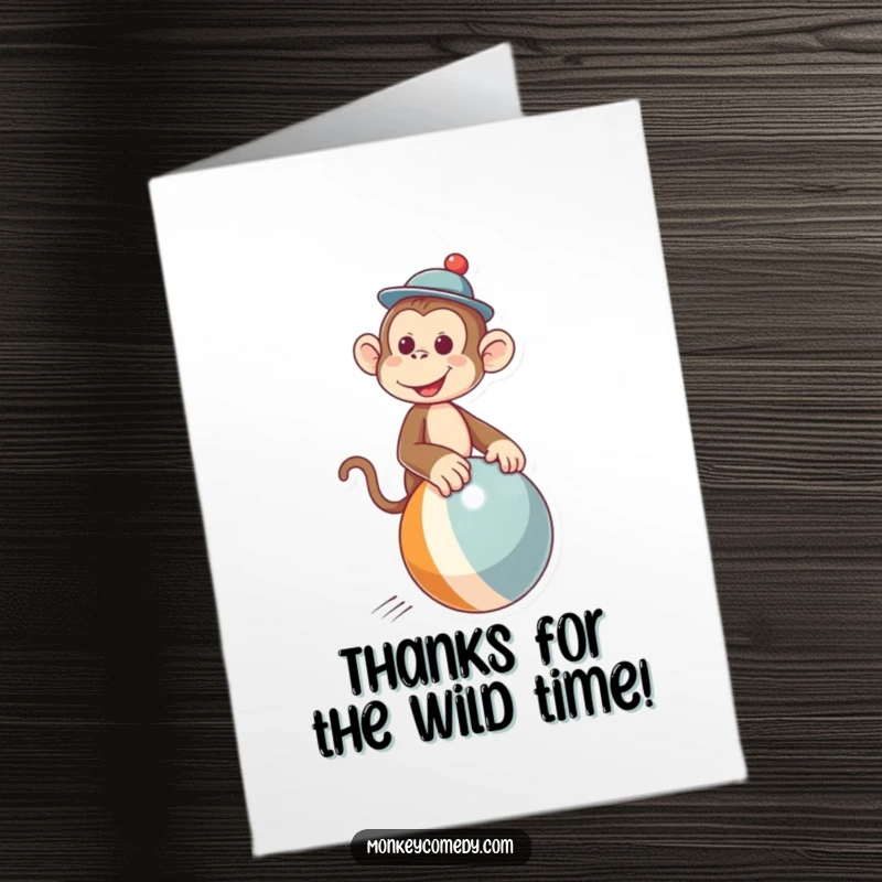 Funny Free Printable Thank You Card: A cheerful monkey wearing a small hat, riding a bouncing ball to deliver thanks.
