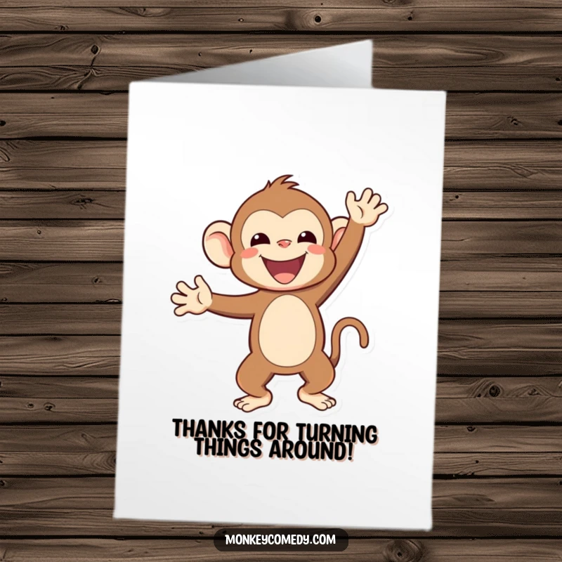 Funny Free Printable Thank You Card: A cheerful Kawaii monkey upside down in a happy handstand, sending thanks with a playful spirit.