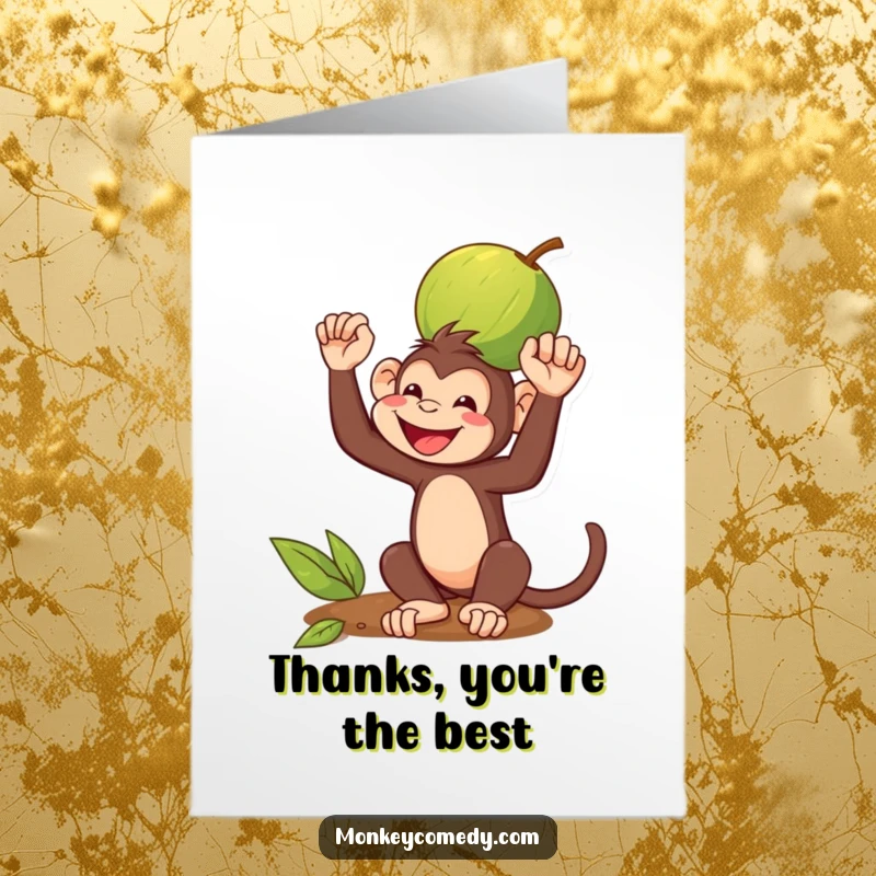 Funny Free Printable Thank You Card: A monkey grinning widely while balancing a coconut on its head, conveying thanks humorously.