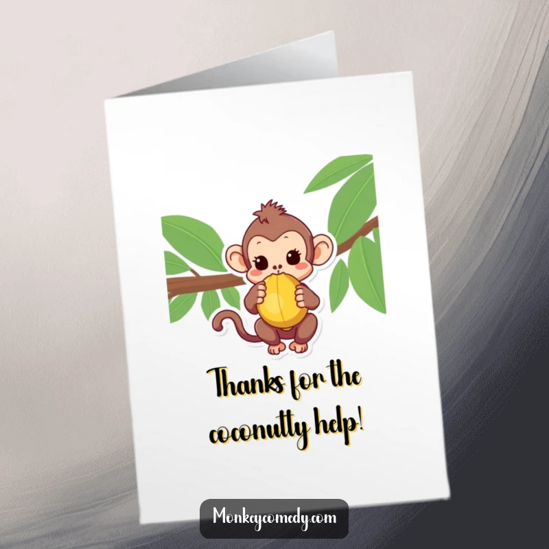 Curious Free Printable Monkey Thank You Card: A kawaii monkey holding a coconut, with wide eyes full of wonder and gratitude.