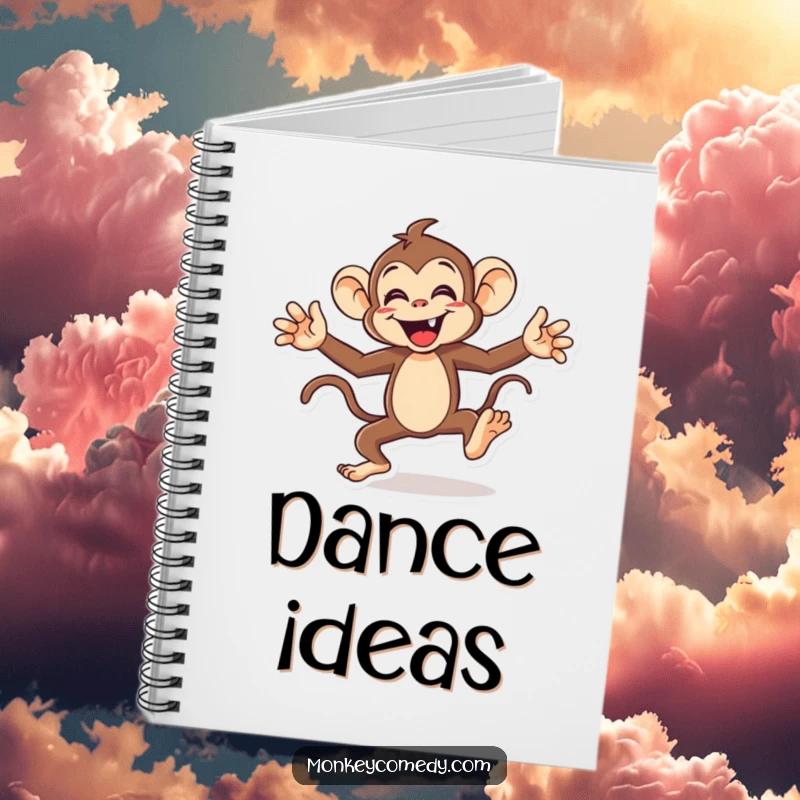 Funny monkey notebook cover featuring an energetic character doing a funny dance with arms and legs flailing, ideal for notes.