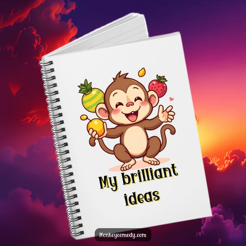 Funny Kawaii Monkey Juggling Colorful Fruits Notebook, a cute monkey energetically juggling fruits on a cover, designed for funny jotting and ideas.