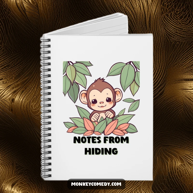 Funny Kawaii monkey peeking from a pile of leaves on the cover of a lined notebook.