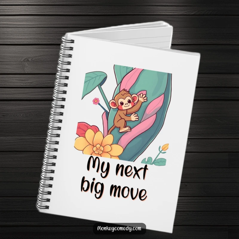 Funny Kawaii monkey notebook, a cute primate humorously climbing a huge, vibrant plant, great for writing, funny gift.