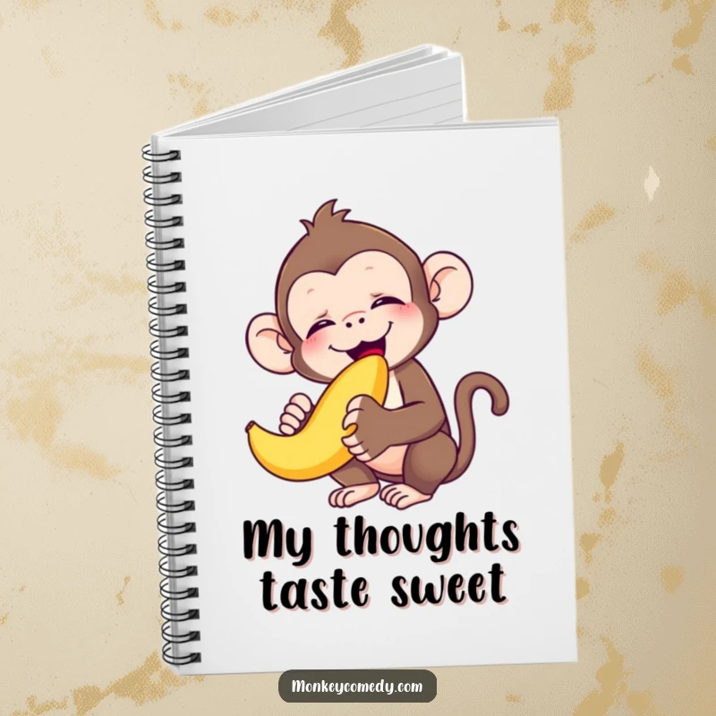 Funny monkey eyes closed in bliss, happily munching a banana, designed for a fun and funny notebook, perfect for gifting.