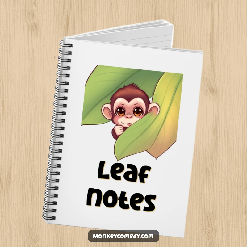 Funny monkey notebook cover featuring a small monkey with curious eyes peeking from behind a large, colorful leaf, ideal for notes.