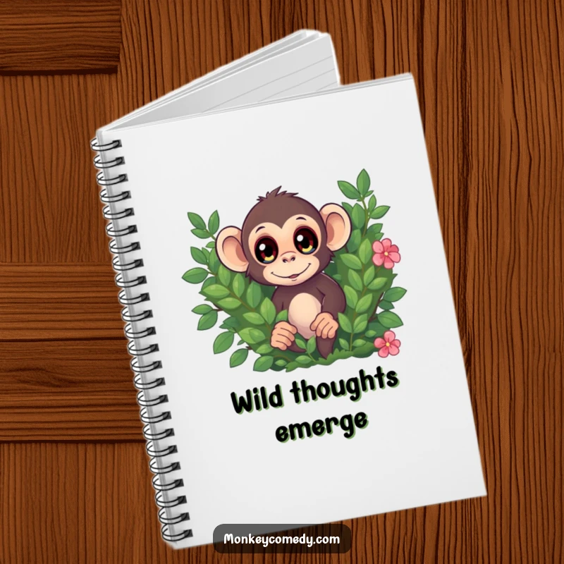 Funny notebook featuring a monkey with wide eyes peeking from behind a bush, perfect for jotting down playful notes.