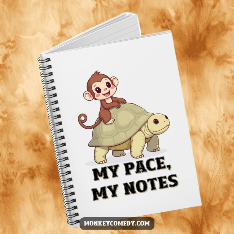 Funny notebook cover featuring a monkey riding a tortoise with glee, ideal for journaling adventures with a sense of calm and amusement.