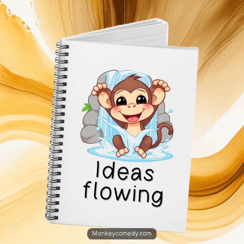 Funny notebook cover featuring a happy monkey splashing water from a waterfall, perfect for jotting down ideas with a refreshing, playful touch.