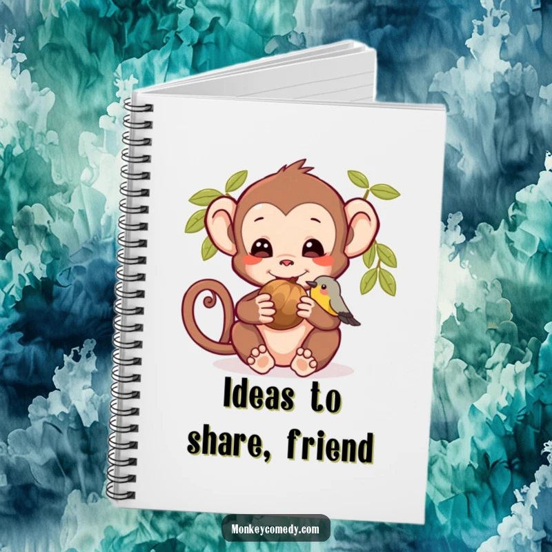 Funny notebook with a monkey and bird sharing a nut, perfect for jotting down notes with a touch of animal charm.