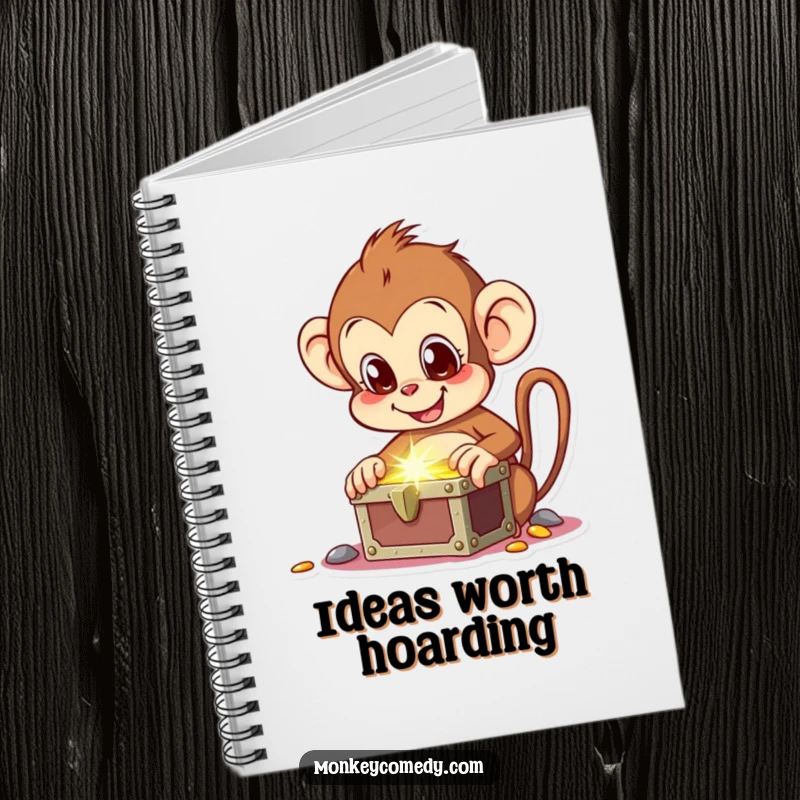 Funny notebook cover with an excited monkey finding a shimmering treasure chest, great for journaling adventures.