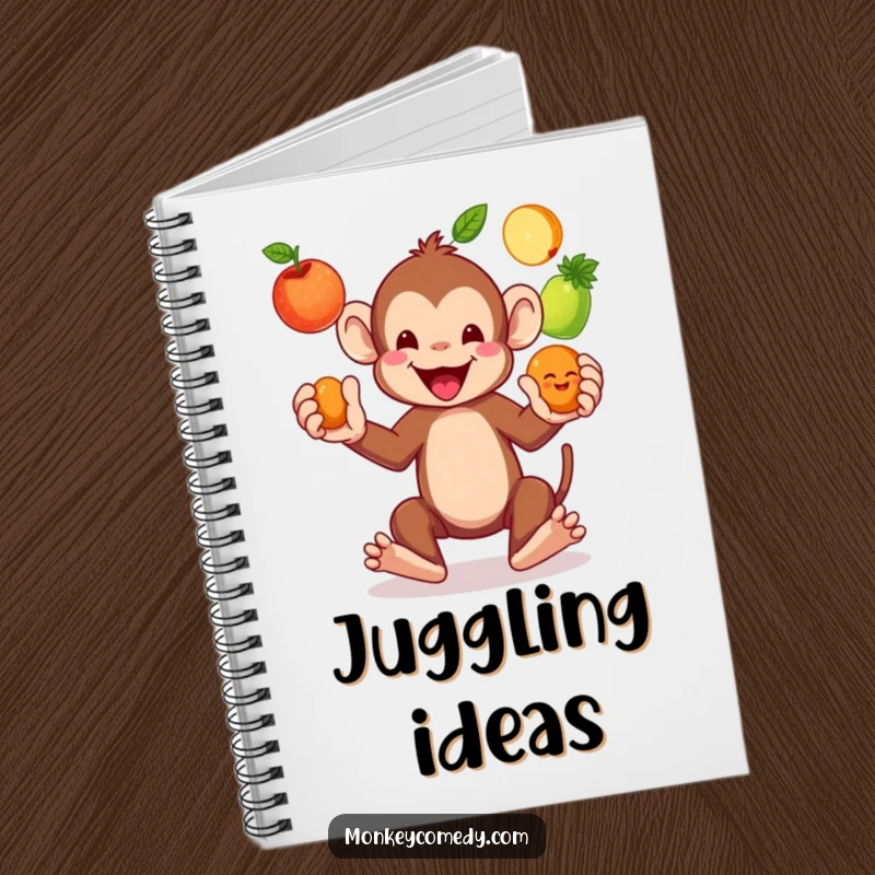Funny Monkey Juggling Fruits Notebook: A lively monkey balances colorful fruits, creating a fun cover for jotting down notes and brilliant ideas.