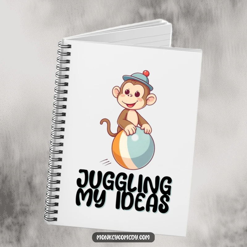 Funny notebook illustrating a cheerful monkey in a tiny hat riding a bouncing ball, inspiring creativity and humor.