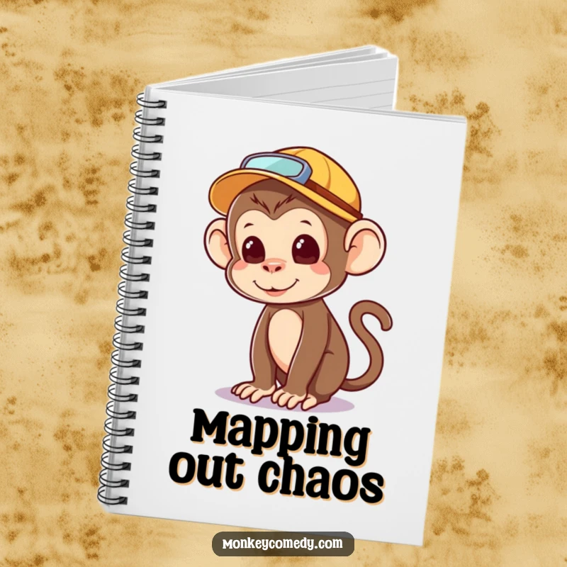 Funny kawaii monkey notebook, explorer hat, looking around, perfect for notes, humorous stationery.