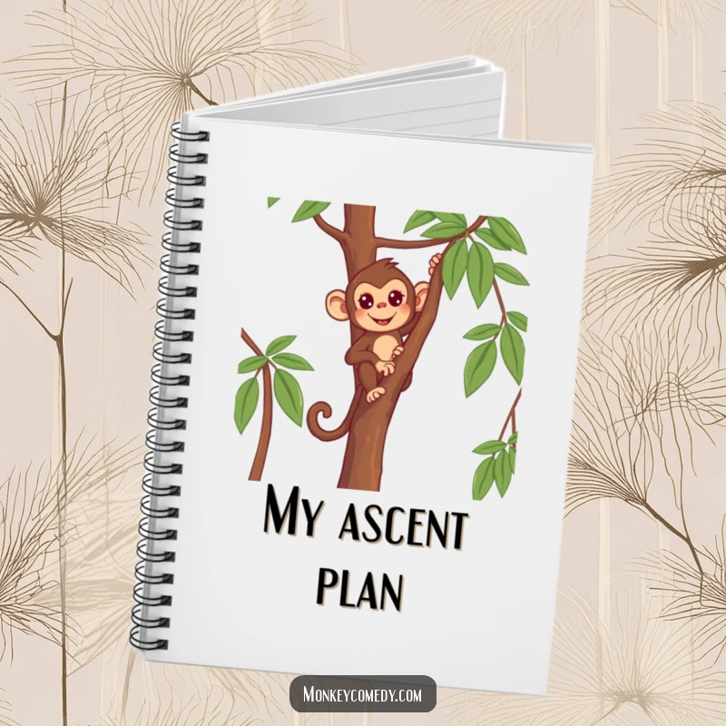 Funny Monkey Notebook cover displays a determined primate climbing a thin tree, symbolizing goal achievement.