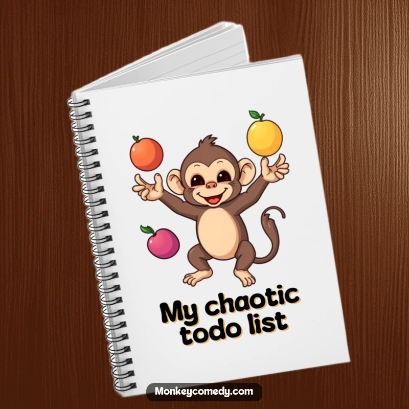 Funny Monkey Notebook with a skilled monkey juggling colorful fruits, perfect for capturing thoughts with humor and artistic flair.