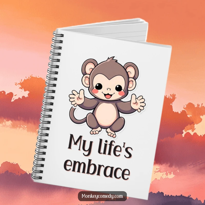 Funny Kawaii monkey with arms spread wide, inviting embrace, on the cover of a lined notebook, for writing.